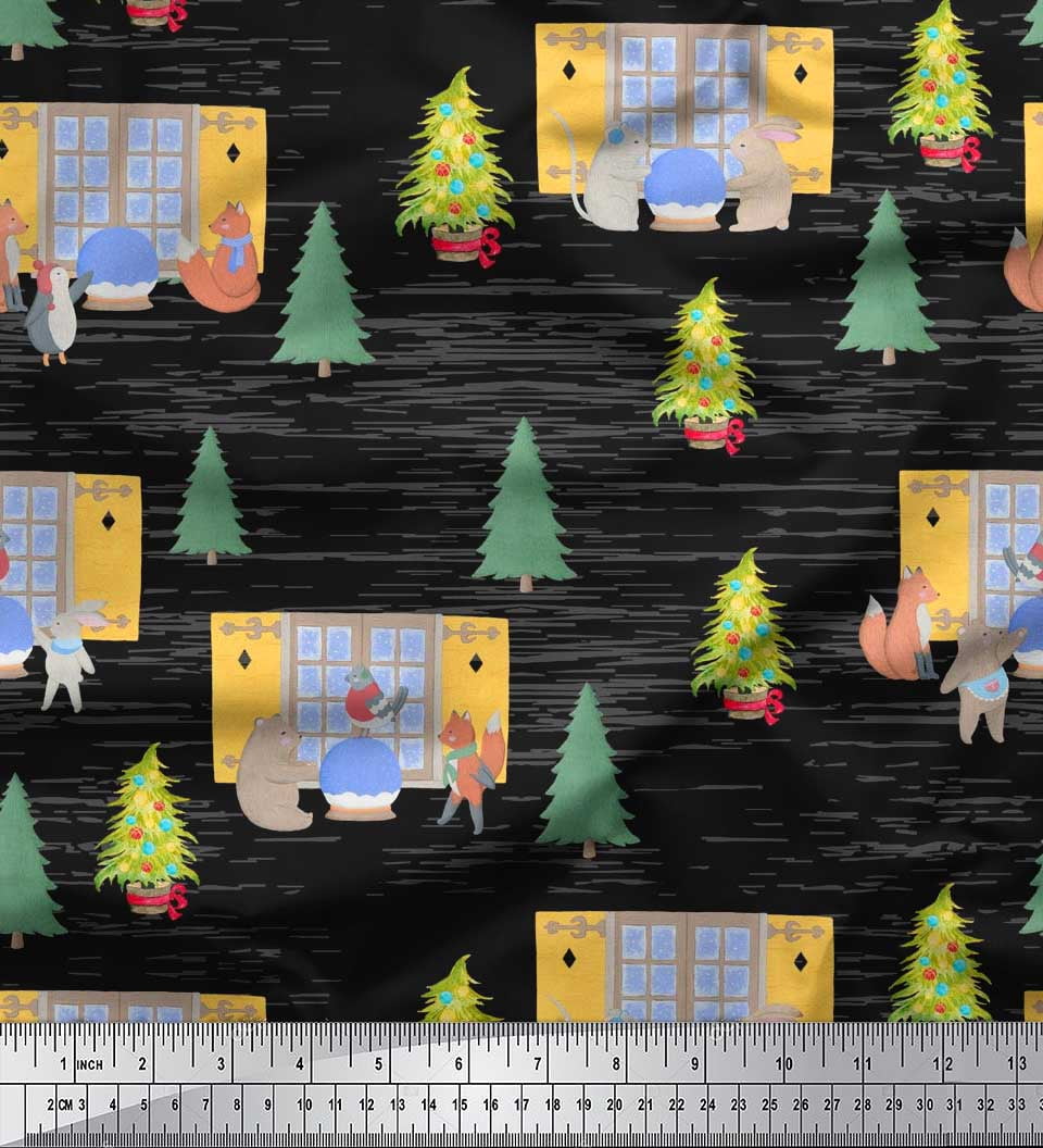 Soimoi Black Heavy Satin Fabric House,Animals & Tree Christmas Decor Fabric Printed Yard 54 Inch Wide
