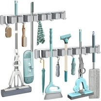 2 pack Mop & Broom Holder Wall Mounted Metal Tool Storage Organizer Rack, Silver, 4 Slots & 5 Hooks