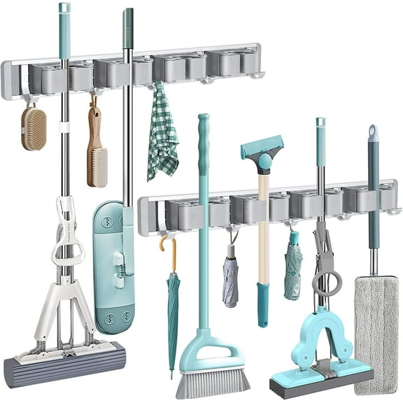 2 pack Mop & Broom Holder Wall Mounted Metal Tool Storage Organizer Rack, Silver, 4 Slots & 5 Hooks