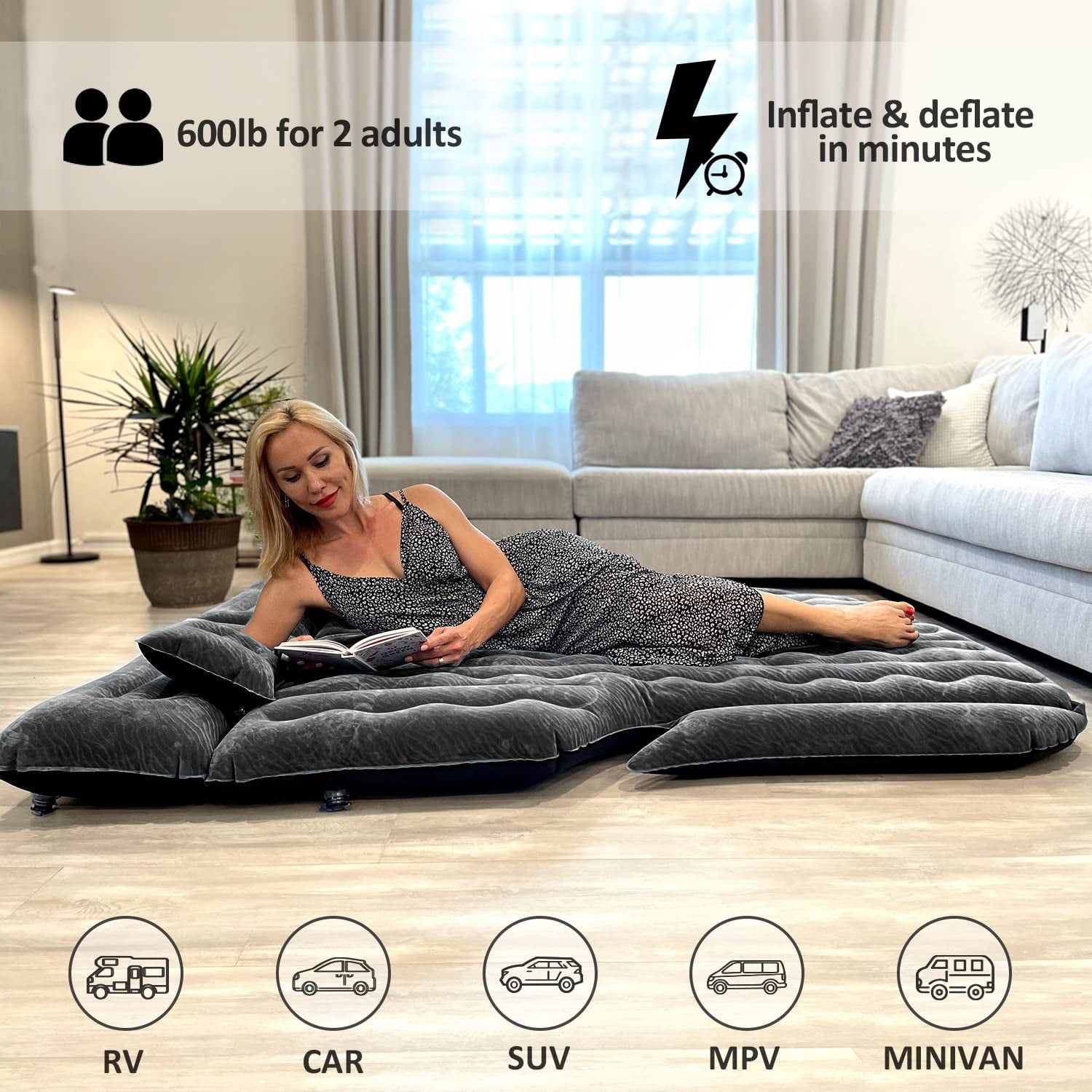 Umbrauto SUV Air Mattress Inflatable Car Air Beds Sleeping Pad Camping Trunk Bed with Electric Air Pump, Black