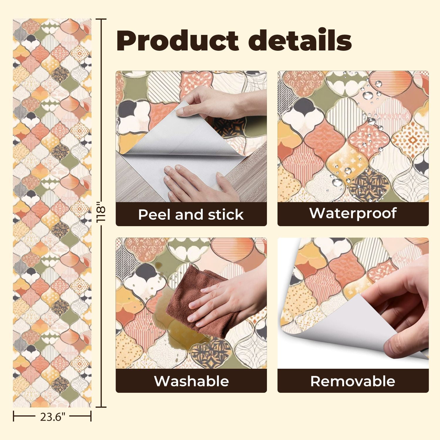 Peel and Stick Wallpaper 23.6in x 9.8ft Bohemian Moroccan Tile Muted Earth Tones Intricate Designs Contact Paper Vinyl Self-Adhesive Removable Wall Paper for Bedroom Bathroom Renter Friendly