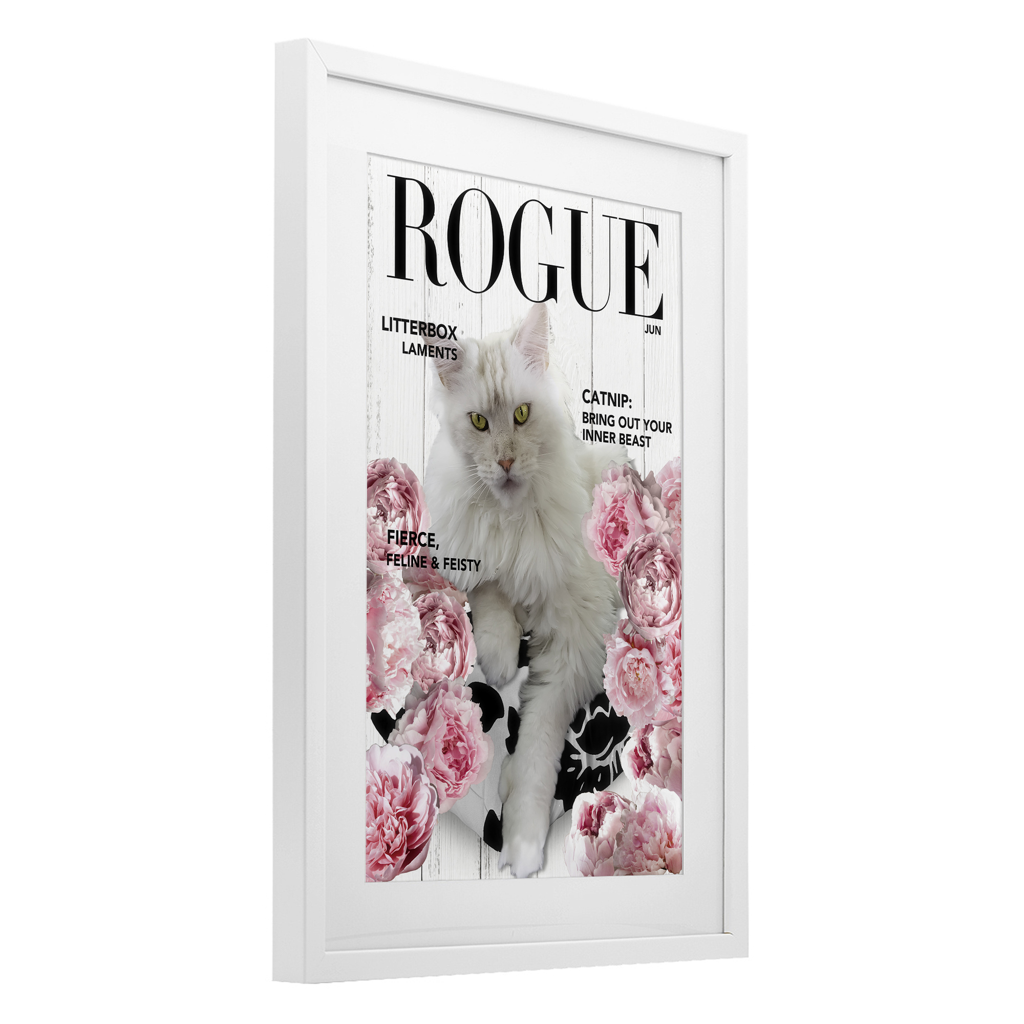 Funny Floral Cat Magazine White Framed Print Under Glass, design by Sasha