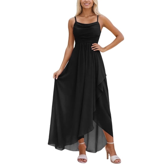 Rggeeun Women'S Dresses Solid Color Elegant Ankle-Length Halter Thin Straps Square Neck Sleeveless A-Line Loose Fit Soft Fabric With Waist Shirring Ruffle For Summer Office Casual Wear,Black,L