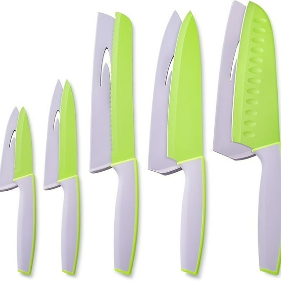10pcs Kitchen Knife Set with Blade Guards - Ultra Sharp, Ergonomic Handles for Easy Grip - Includes Chef, Bread, Santoku, Utility & Paring Knives - Perfect for Meat Cutting & Home Cooking