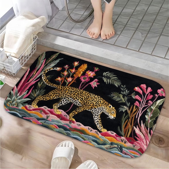 1pc Leopard among Flowers Absorbent Non-Slip Bathroom Thickened Flannel Rug Decor,Soft,Quick Drying,Suitable For Indoor/outdoor Use,Bathrooms,Bedrooms,Kitchens,Terrace,Laundry Rooms,16"x24"