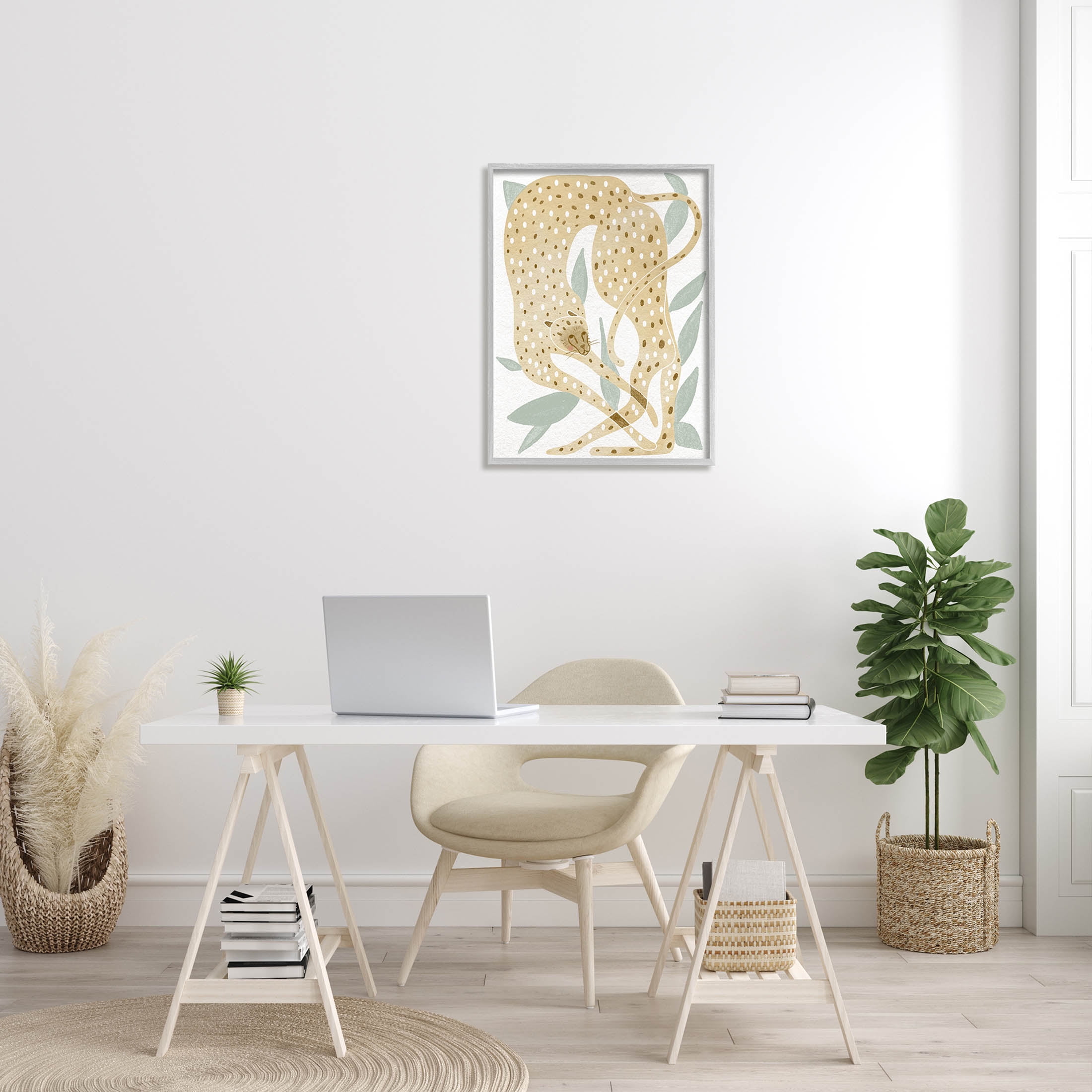 Modern Cheetah Botanical Leaves Animals & Insects Graphic Art Gray Framed Art Print Wall Art