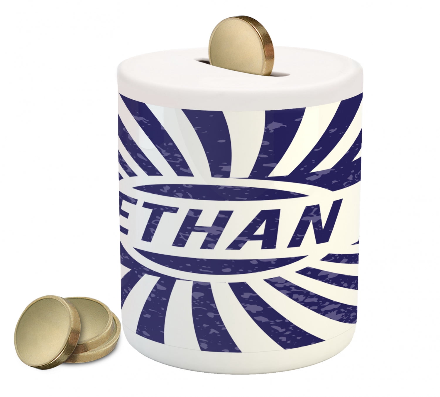 Coin Bank Lettering Ethan Piggy Bank, Grunge Letters in Navy Blue in a Circle with Wavy ...