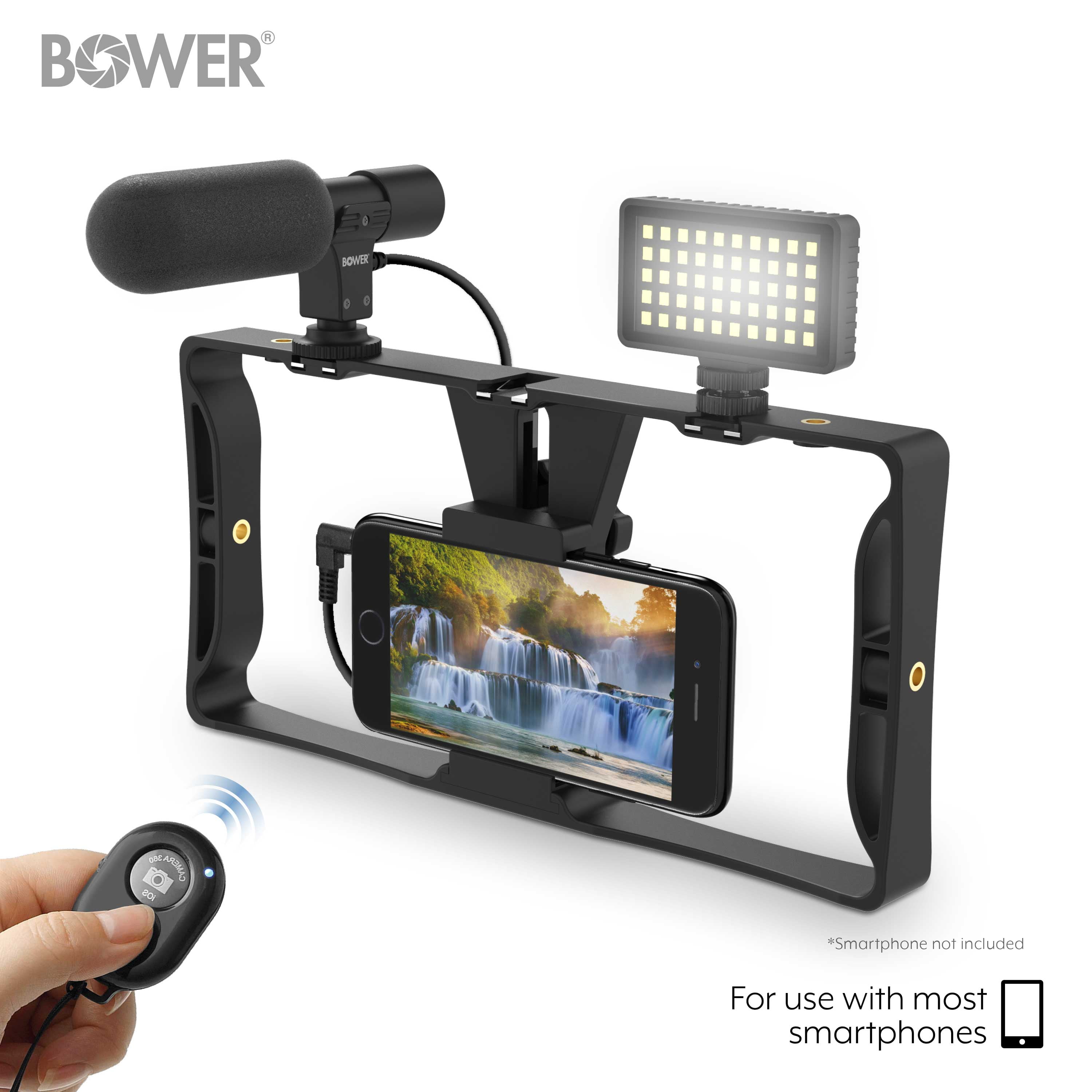 Bower Ultimate Vlogger Pro Kit with Smartphone Rig, HD Microphone, 50 LED Light, 3 Diffusers / Filters, and Shutter Remote