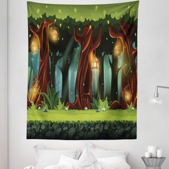Cartoon Tapestry, Enchanted Forest with Blossoming Trees Background Cartoon Landscape, Fabric Wall Hanging Decor for Bedroom Living Room Dorm, 5 Sizes, Multicolor, by Ambesonne