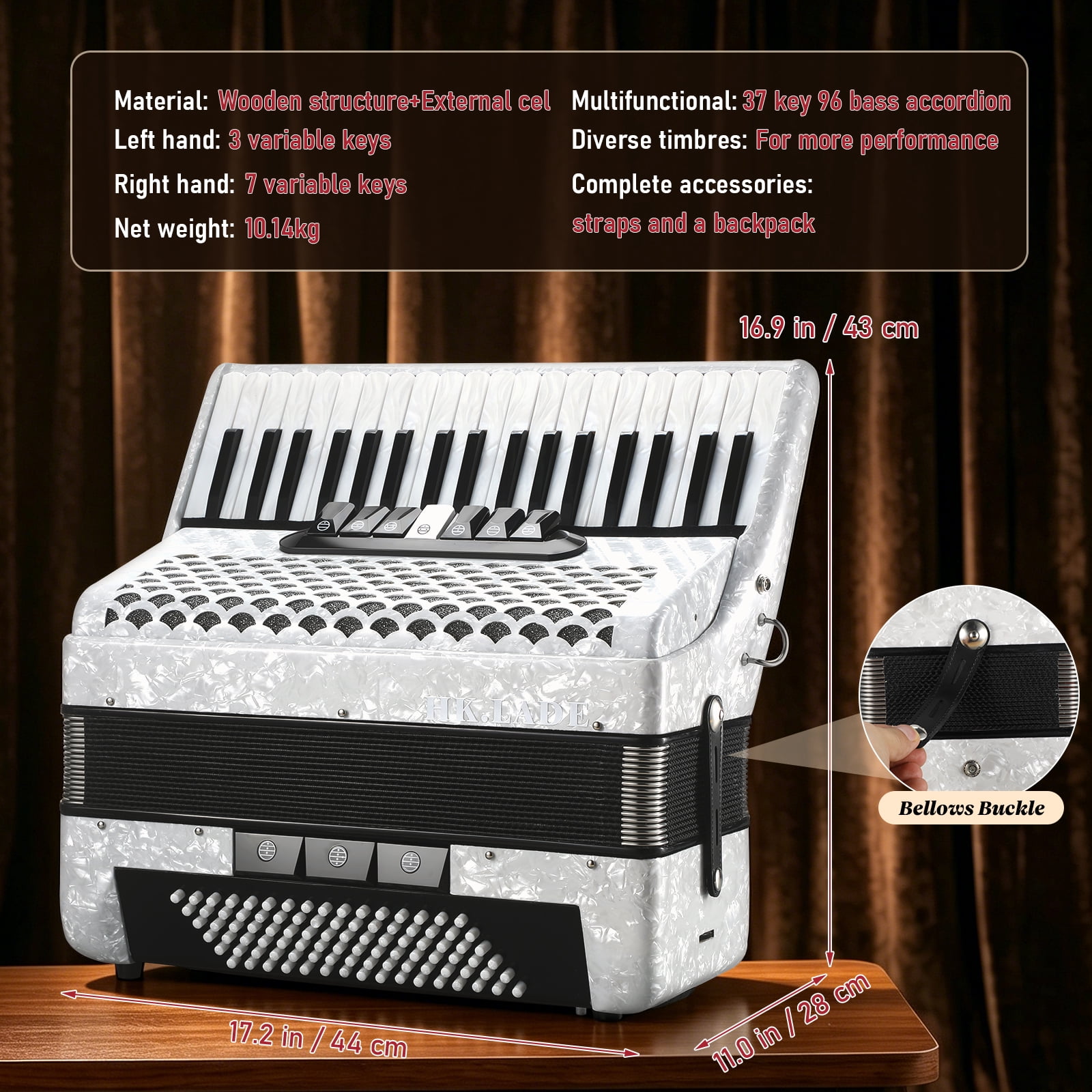 Hemoton 37 Key 96 Bass Accordion, White, Exceptional Sound Range for Musicians, Classes and Live Shows