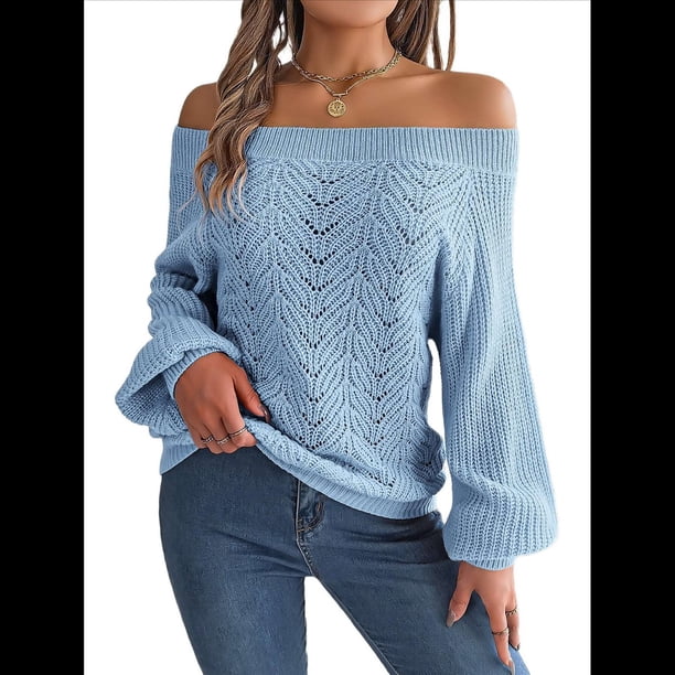 Tops de Crochet para Mujer, Suéteres con Hombros Descubiertos, Ropa de Playa de Punto Calado de Larga de Verano Azul L