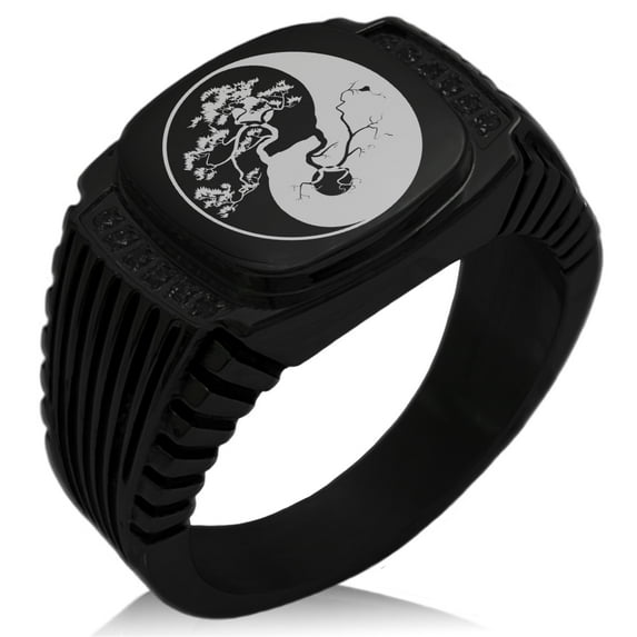 Stainless Steel Bonsai Tree Yin Yang CZ Ribbed Needle Stripe Pattern Biker Style Polished Ring