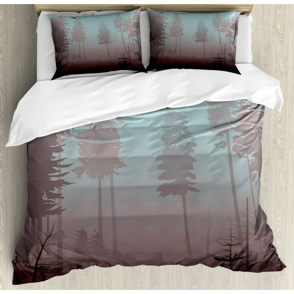 Forest Duvet Cover Set Queen Size, Early Morning in Mysterious Woods with Heavy Fog Coniferous Trees, Decorative 3 Piece Bedding Set with 2 Pillow Shams, Pale Blue Dried Rose Maroon, by Ambesonne