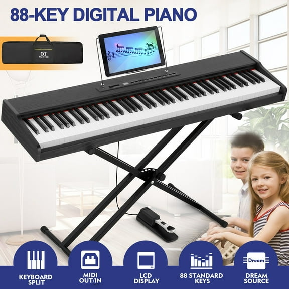 Mustar 88 Key Portable Electric Digital Keyboard Piano Semi Weighted with Stand, Bluetooth Connection, Case, Sustain Pedal (Black)