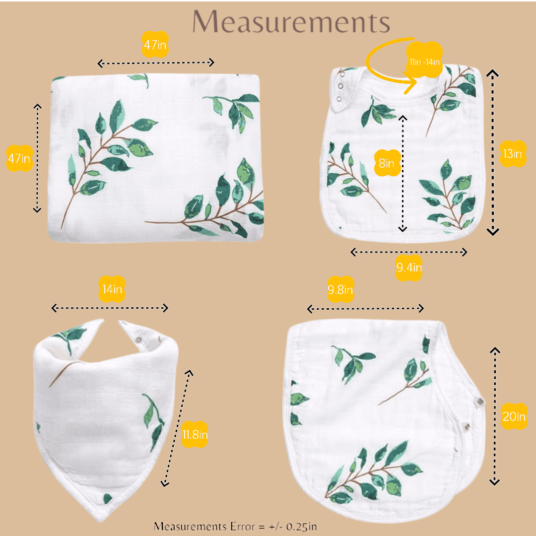 ZandH Global Leaf Baby Bamboo Cotton Muslin Swaddle Blanket, Bib, Burp Cloth, Bandana Bib Set. Soft, Lightweight and Breathable. Swaddle, Nursing Cover, Playmat and Stroller Cover