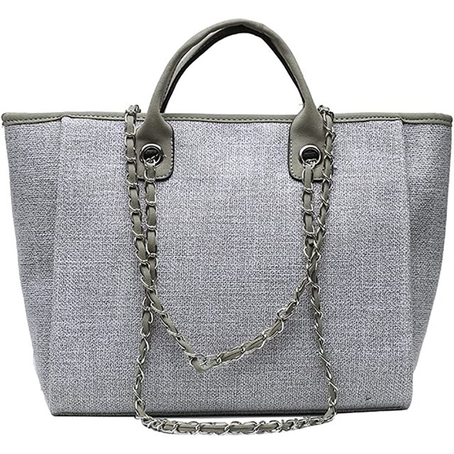 LinYooLi Women Canvas Handbag Large Capacity Chain Tote Bag PU Handle Shoulder Bag