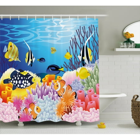 Clear Fish Shower Curtain Fish Shower Curtain, Water Life with Different Kind of Fishes Coral Reefs and Sponges Kids Nursery Theme, Fabric Bathroom Set with Hooks, Multicolor, by Ambesonne ()