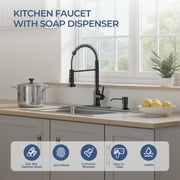 TVOFEK Kitchen Faucet with Pull Down Sprayer and Soap Dispenser, Black Single Handle Kitchen Sink Faucets with Deck Plate for 1 or 3 Hole, Spring Faucet for RV Laundry Bar