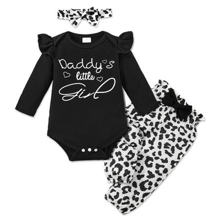 

Clearance! Newborn Baby Girls Long Sleeve Ruffle Romper Letter Bodysuit Leopard Print Pants Headband Clothes Set
