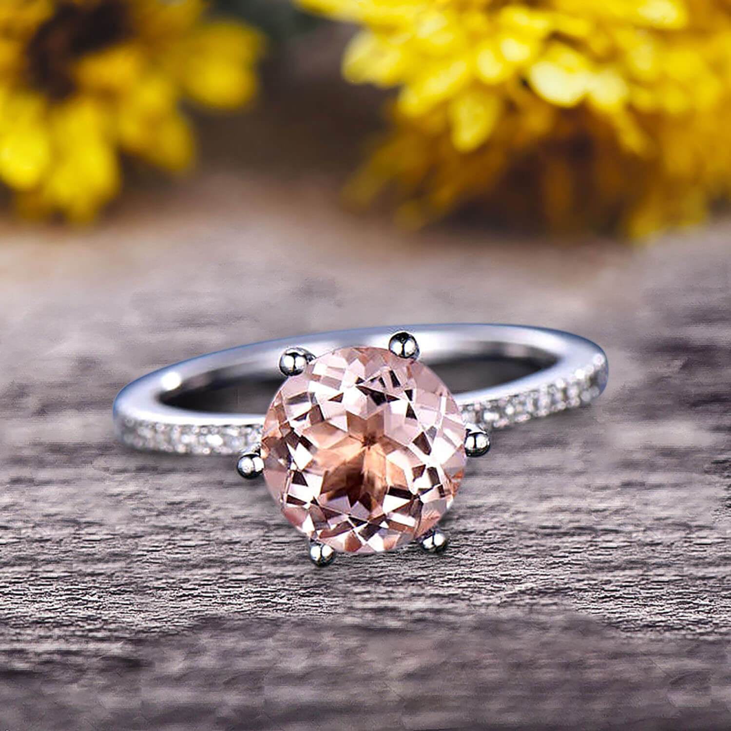 Natural Diamonds Solid 10K Rose Gold 6mm Round Cut Morganite Fine Gemstone Ring 