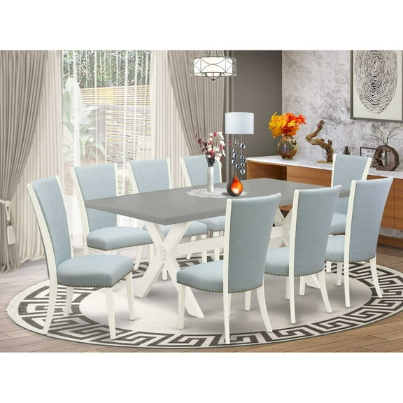 East West Furniture X097VE215-9 9 Piece Kitchen Table Set - 8 Baby Blue Linen Fabric Dinning Room Chairs with Nailheads and Cement Wooden Table - Linen White Finish