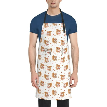 

Tebeau Squirrel And Rose Print Waterproof Cooking Aprons Adjustable Bib Soft Chef Apron with 2 Pockets for Men Women