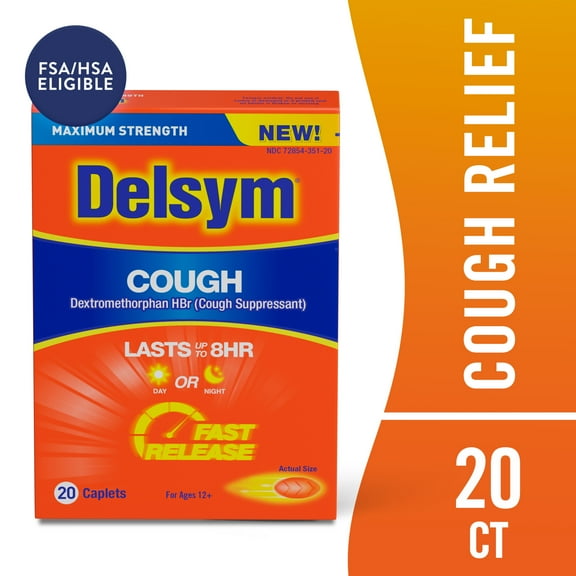 Maximum Strength Delsym Cough Suppressant,  Fast Release Caplets,  lasts up to 8 hour day or night, 20 count.