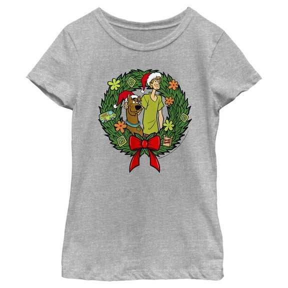 Girl's Scooby Doo Christmas Shaggy and Scooby Wreath Graphic Tee Athletic Heather Small