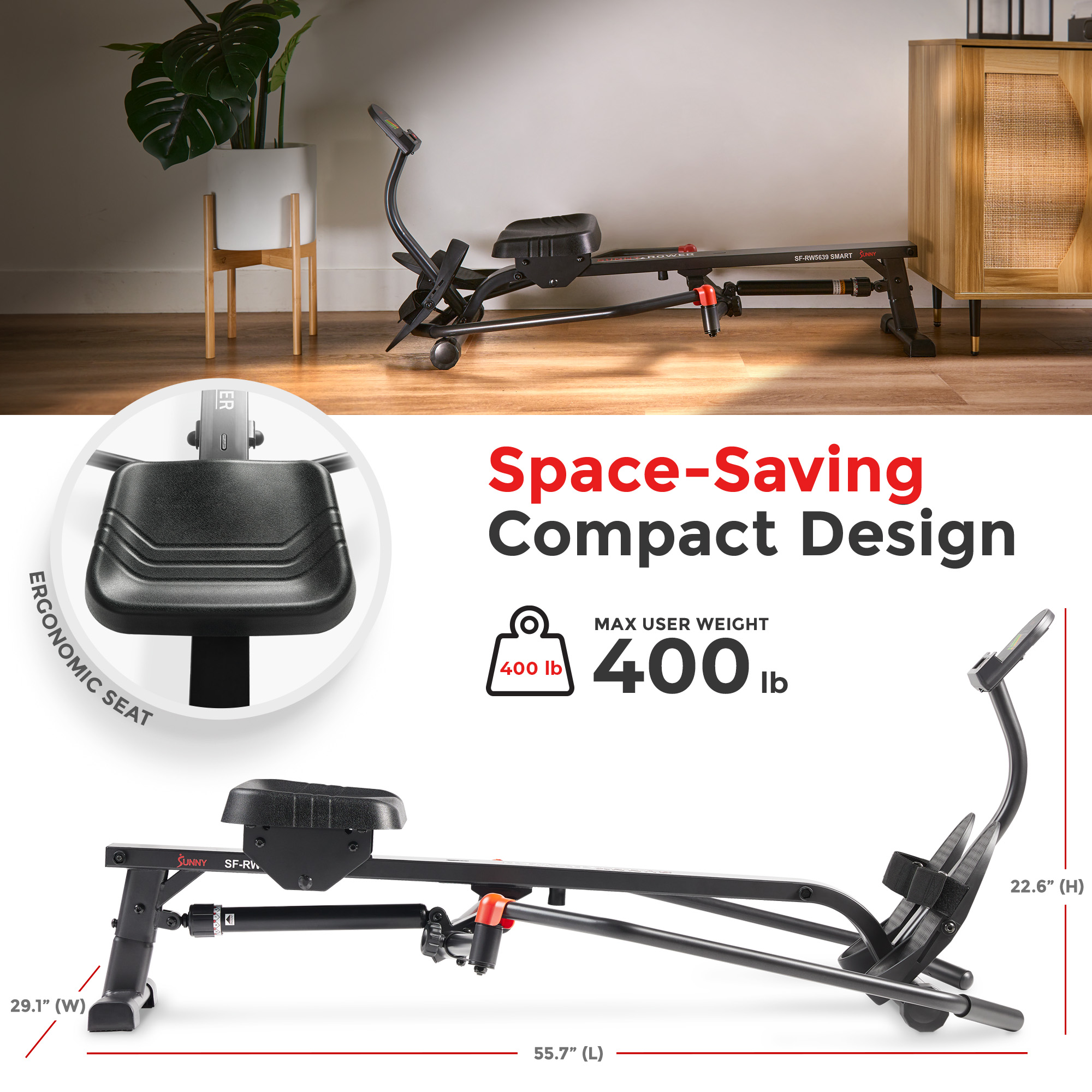 Sunny Health & Fitness Smart Rowing Machine, 400 lbs photo 3