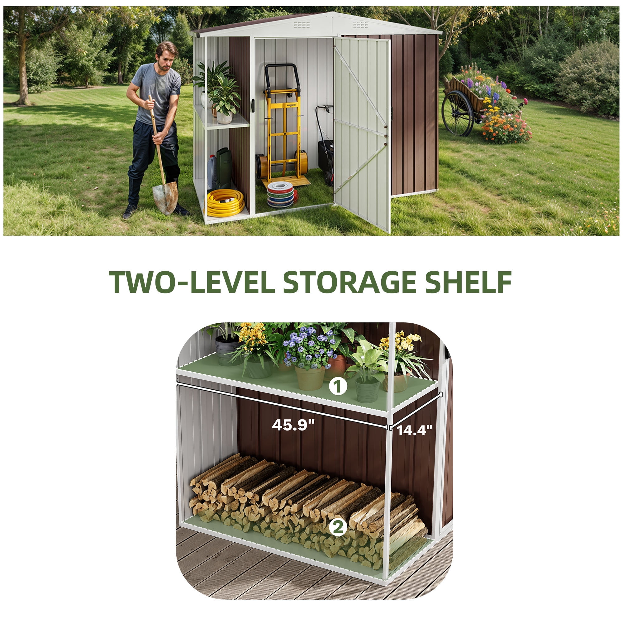 Uforic 8x4 FT Outdoor Metal Storage Shed with Shelves, Lockable Tool Cabinet for Garden (Brown)