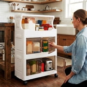 SHegdu Stackable Storage Bins 3 Tier Foldable Plastic Large Closet Organizer with Doors and Wheels for Snacks Toys Books Beverages Cosmetics Bedding (White Height-25 inches)