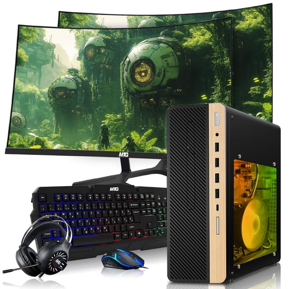 Restored HP Half Light Gaming PC Desktop Computer – AMD Pro A10-9700,GT 1030 Graphics,16GB RAM,256GB SSD,Dual 32 Inch Curved Monitor,RGB Keyboard with AI Copilot,Mouse,WiFi,RGB Headphone,Windows 11 (Refurbished)