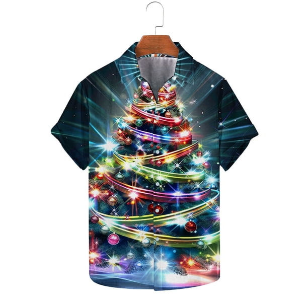 Blusa y camisa de manga corta con cuello vuelto Camisa de manga corta con estampado navideño para hombre Camisa informal de manga corta con solapa para hombre Tops para hombre
