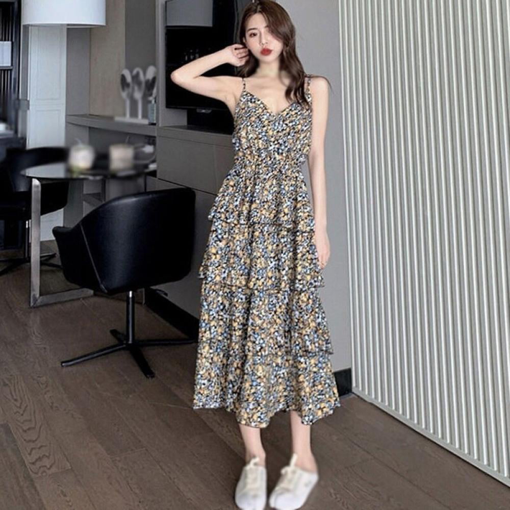 KOOYET Summer Korean Sleeveless Dresses Women Long Dress Floral Printed ...