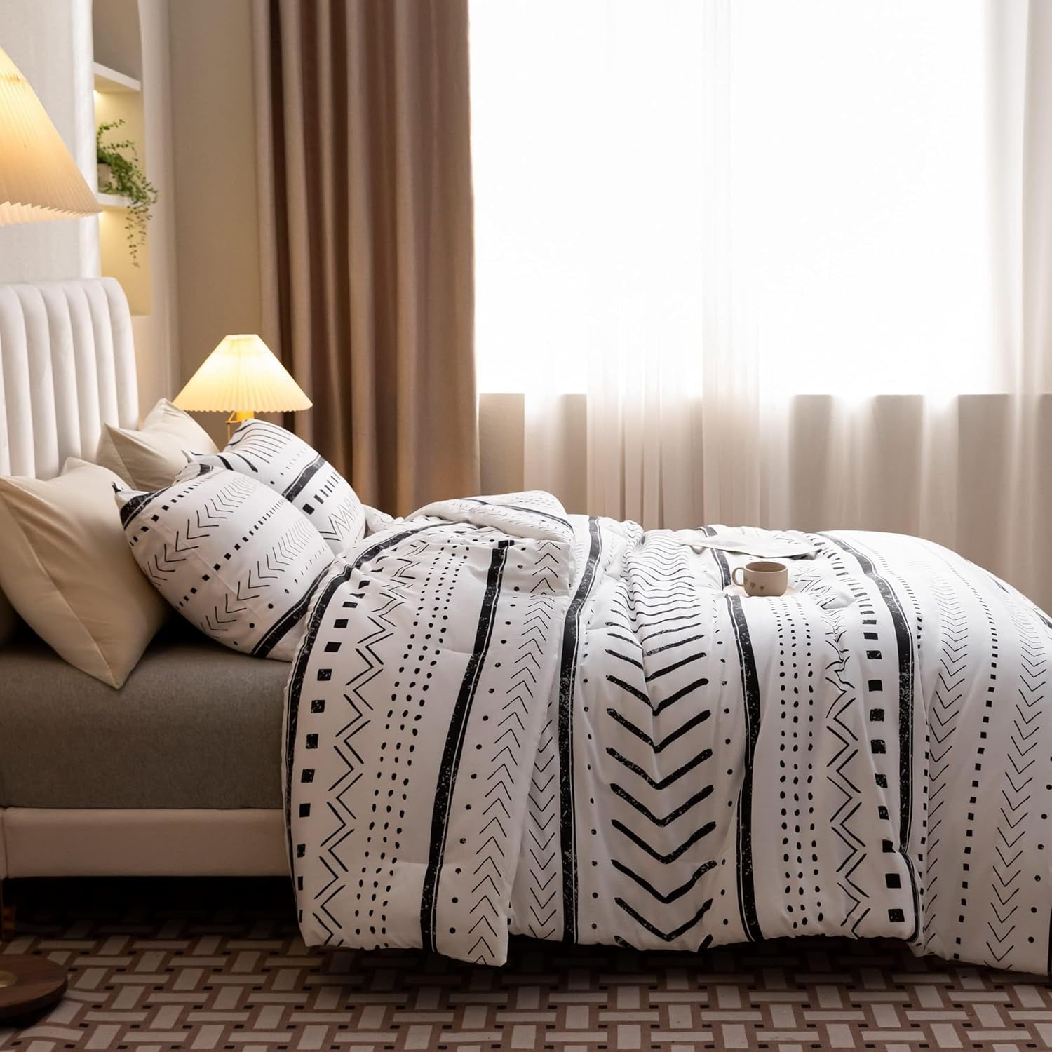 BBSET 3 Pcs Queen Boho Duvet Cover, Black Geometric Pattern Printed on White Bohemian Comforter Cover Bedding Set