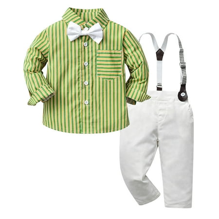 

EHTMSAK Toddler Baby Children Boy Bow Tie Shirts and Suspender Pants Set Long Sleeve Outfits Clothing Set Green 120