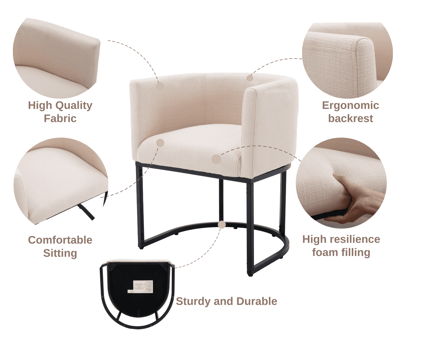 Guyou Modern Linen Dining Chair Set of 3, Mid-century Upholstered Barrel Kitchen Chairs Fabric Side Chair with Metal Legs and Curved Back for Living Room Dining Room Bedroom, Cream