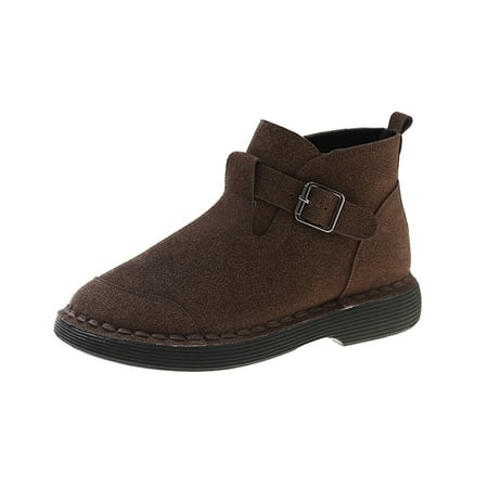 

TAIAOJING Boots For Women Ladies Solid Color Suede Round Toe Belt Buckle Side Zipper Flat Short Boots Fashion Shoes