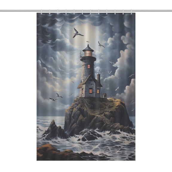 Lighthouse Coast Scenery Waterproof Polyester Quick-Drying Shower Curtain for Bathroom with 12 Hooks