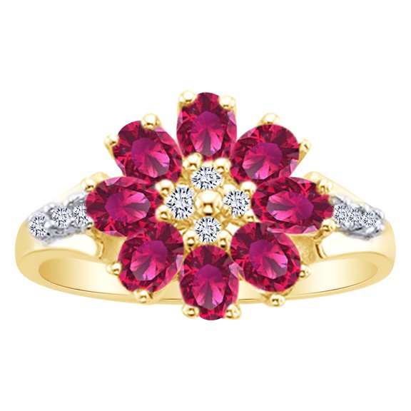 AFFY Simulated Pink Sapphire & White Sapphire Flower Ring in 14k Yellow Gold Over Sterling Silver Ring Size - 9