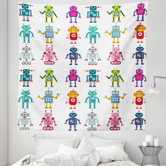 Cartoon Tapestry, Colorful Style Robot Futuristic Funny Mascots Friendly Androids, Fabric Wall Hanging Decor for Bedroom Living Room Dorm, 5 Sizes, Multicolor, by Ambesonne