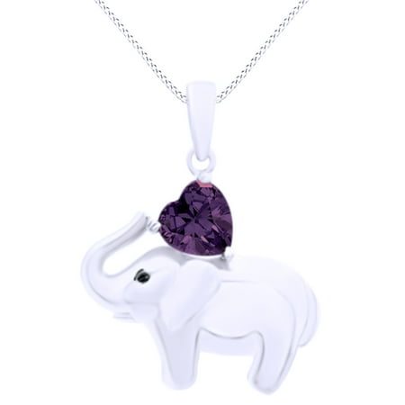 - Valentine's Day Elephant Pendant Necklace Heart Shaped Simulated Amethyst CZ 14K White Gold Over Sterling Silver