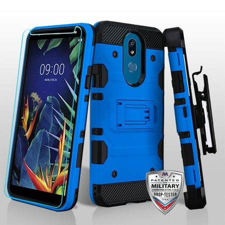 LG K40 Phone Case Combo TUFF Hybrid Impact Armor Rugged TPU Rubber Silicone Shockproof Protective Hard Cover with Holster Belt Clip & Tempered Glass Screen Protector BLUE Case for LG K40