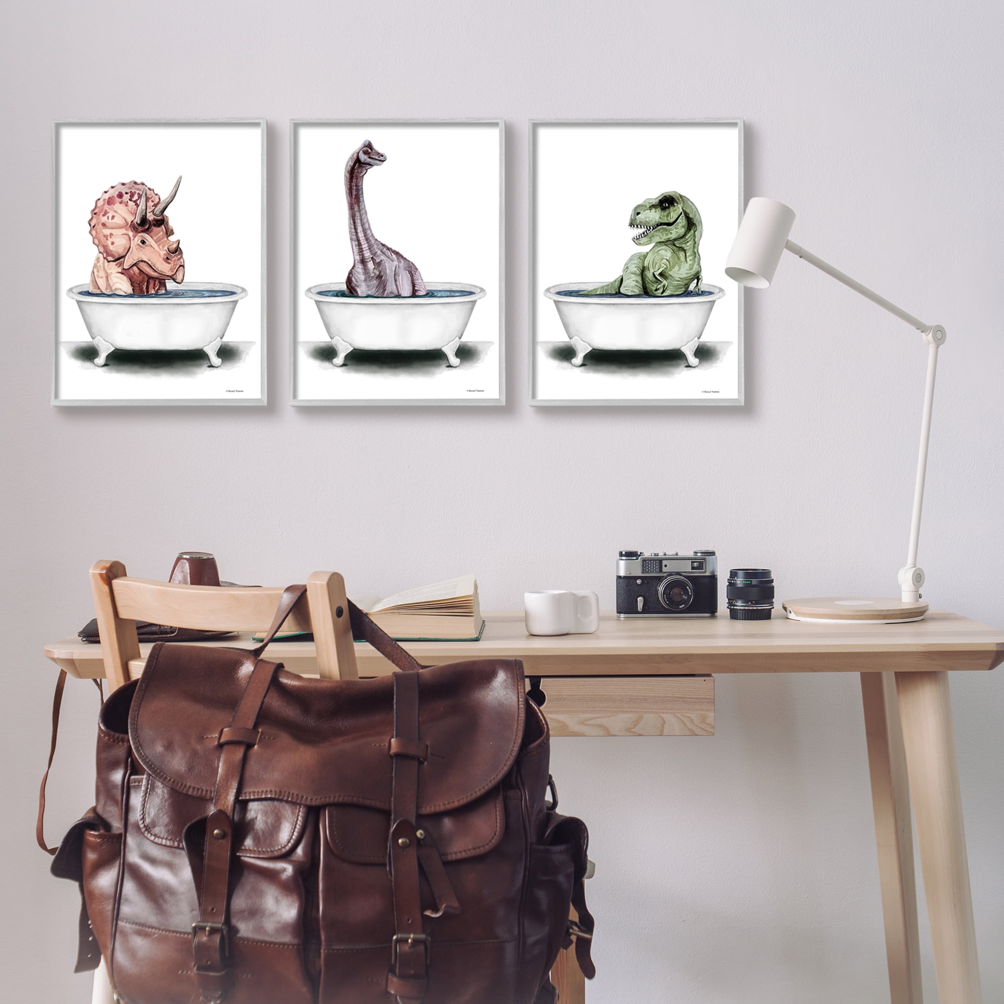 Stupell Fun Dinosaurs Bathroom Tubs Animals & Insects Painting Gray Framed Art Print Wall Art, Set of 3