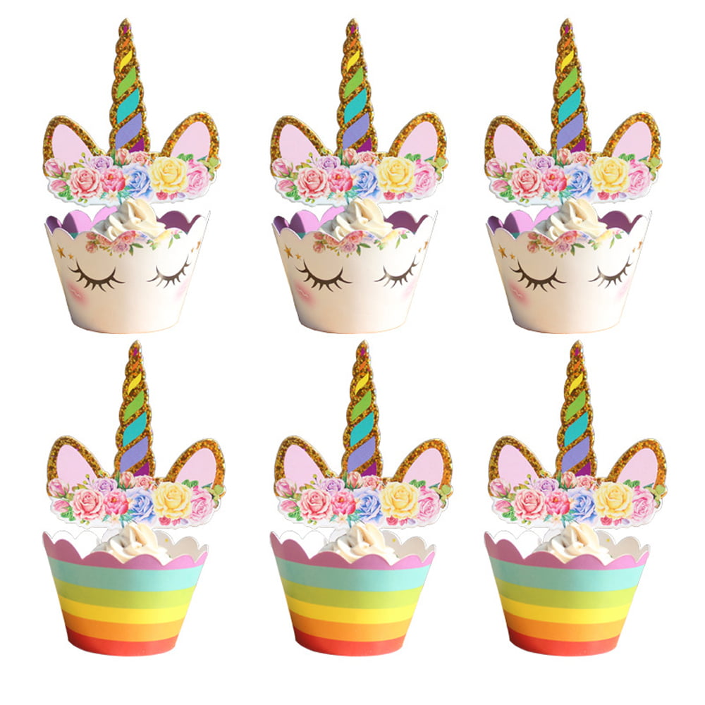 2 Unicorn Masks for Party Supplies 24 Pack Unicorn Cupcake Toppers and Wrappers Double Sided Kids Party Cake Decorations 