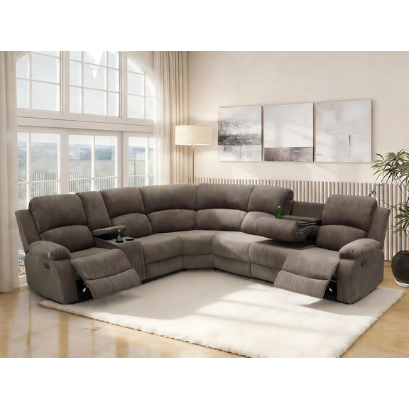 Manual Recliner Sectional Sofa, L-Shaped Reclining Couch with Cup Holders & Storage, Corduroy Corner Sofa Set for Living Room, Apartment & Office, Peanut Color