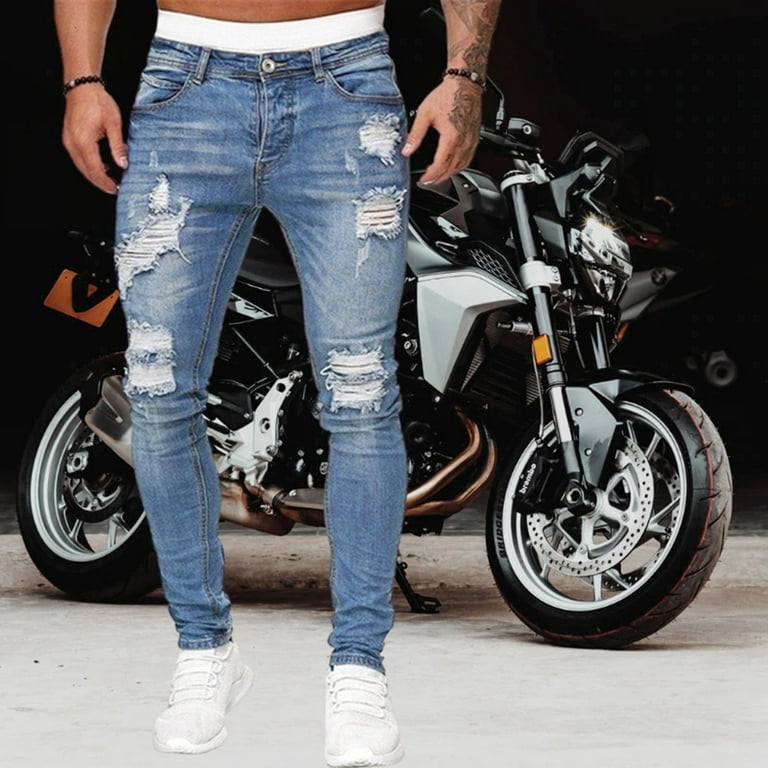 Men Ripped Stretch Skinny Jeans Distressed Frayed Denim Pants Knee Hole  Casual Trousers