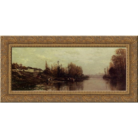 Ferry at Glouton 24x12 Gold Ornate Wood Framed Canvas Art by Charles-Francois Daubigny