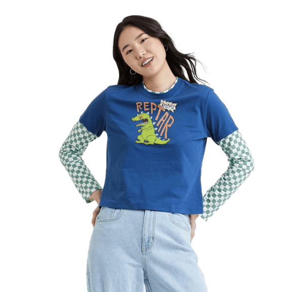 Nickelodeon Women's Reptar Long Sleeve Graphic T-Shirt - Blue Checkered, XXLarge