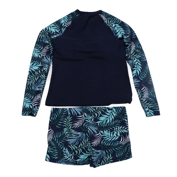 Traje de baño de dos piezas para mujer, de fibra de poliéster, de manga larga, con estampado de hojas, traje de baño para surfear, para piscina y playa